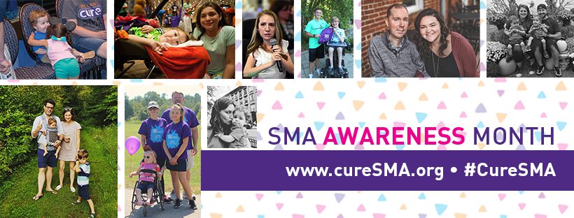 Photos of families affected by spinal muscular atrophy in a banner forSMA Awareness Month 2019